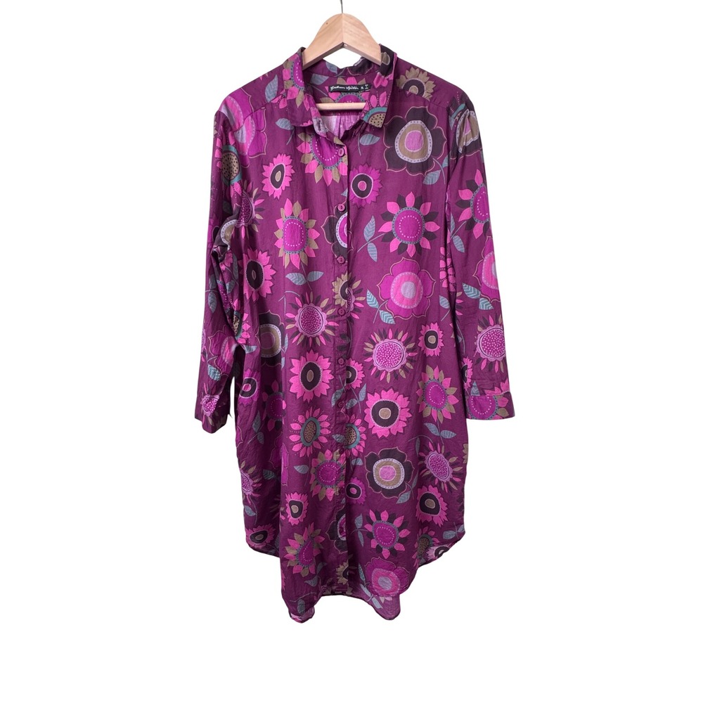 Gudrun Sjoden Organic Cotton Sunflower Floral Button Front Shirtdress Purple XL